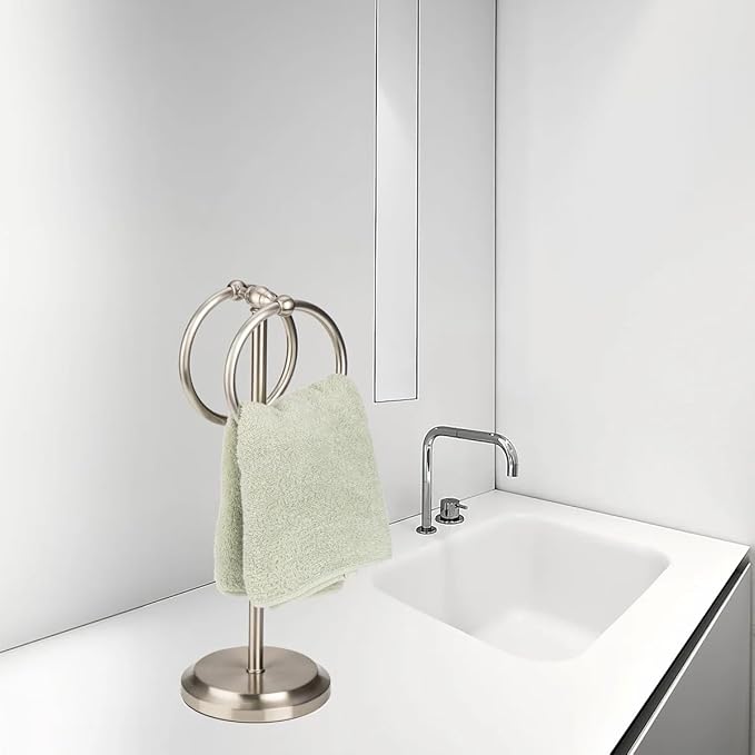 J&V TEXTILES Steel Towel Rack Holder Stand with 2 Hanging Rings for Bathroom Vanity Countertops - Space Saving Hand Towel Holder (Brushed Satin Nickel)