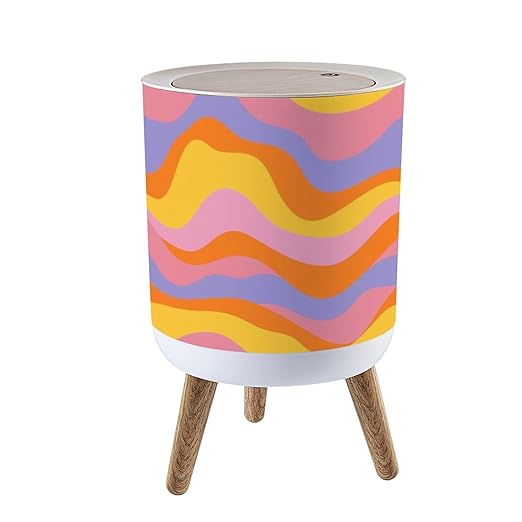 Trash Can with Lid Groovy retro seamless Disco wavy rainbow for trendy funky prints Press Top Round Small Garbage Bin with Wooden Legs Waste Basket for Kitchen Bedroom Nursery 7L/1.8 Gallon
