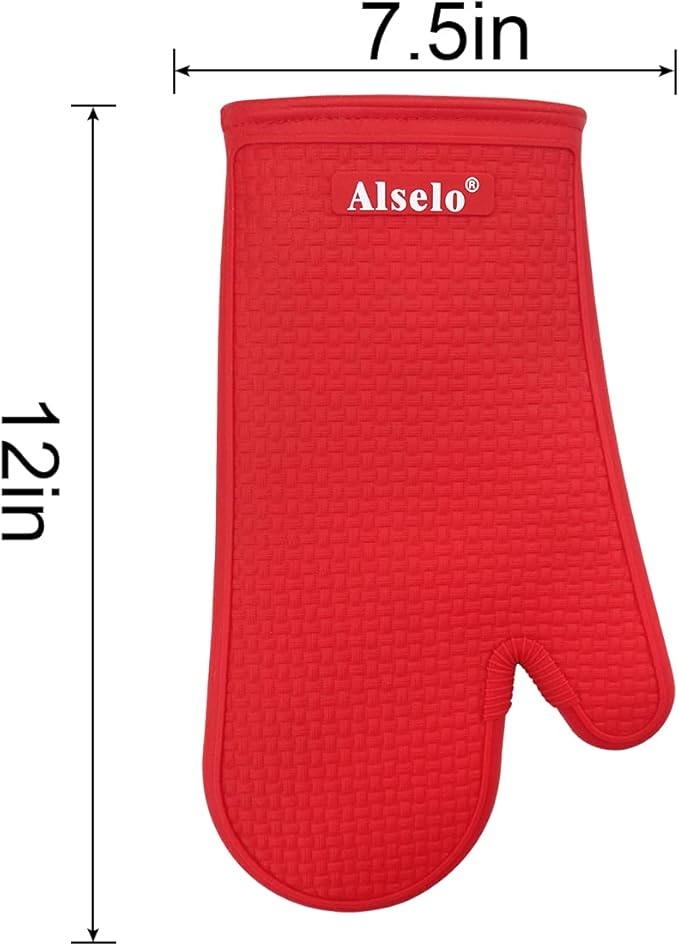 Alselo Oven Mitts Heat Resistant Silicone Kitchen Gloves for 550 Degrees with Waterproof and Non-Silp, Set of 2 Oven Gloves for Baking Cooking Barbecue Microwave Machine Washable (Red, 2)