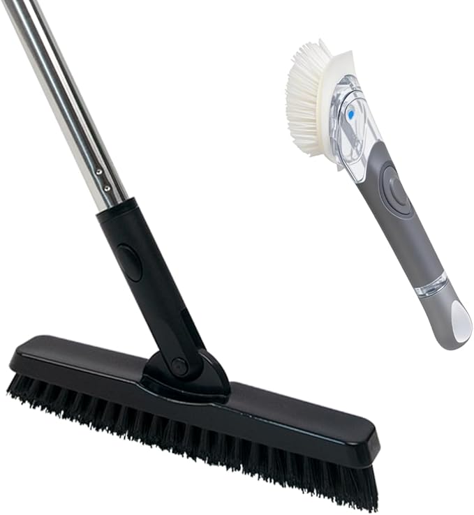 CELOX Grout Brush with Long Handle and Dish Brush with Soap Dispenser for Cleaning Pots, Dishes, Bowls, Gray