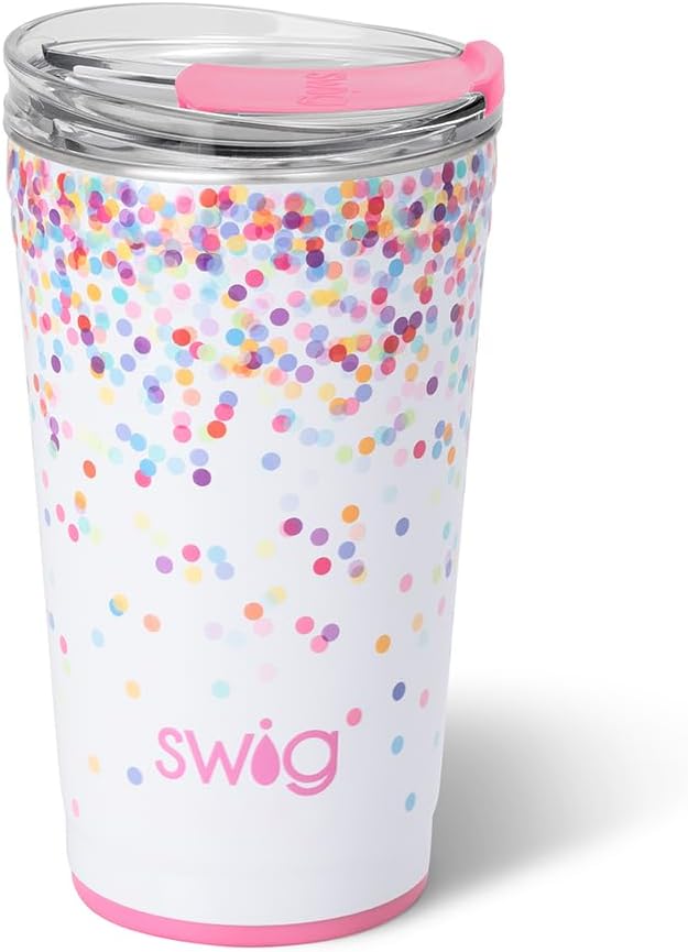 Swig Life 24oz Party Cup, Stackable Insulated Travel Coffee Tumbler with EZ Slider Lid, Cup Holder Friendly, Stainless Steel 24 oz Tumbler, Reusable Coffee Mug (Confetti)