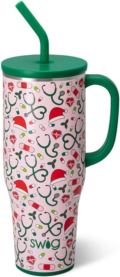 Swig Life 40oz Mega Mug, 40oz Tumbler with Handle and Straw, Extra Large Insulated Tumblers, Cup Holder Friendly Travel Mug (Santa's Scrubs)