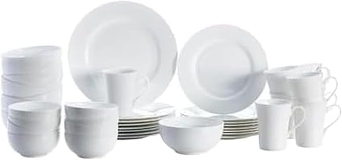 Mikasa Delray 40-Piece Bone China Dinnerware Set, White Round Dishes for 8 - Dinner Plates, Salad Plates, Cereal Bowls, Fruit Bowls and Mugs