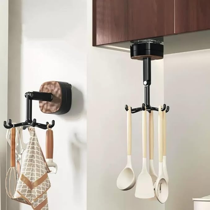 Wall Mounted Rotating Hooks with Suction Cup, Upgraded Suction Cup Hooks 360 Degrees Rotating Folding Adhesive Hooks,Multi-Hook Design for Kitchen Utensils, Tool-Free Installation (2PCS)