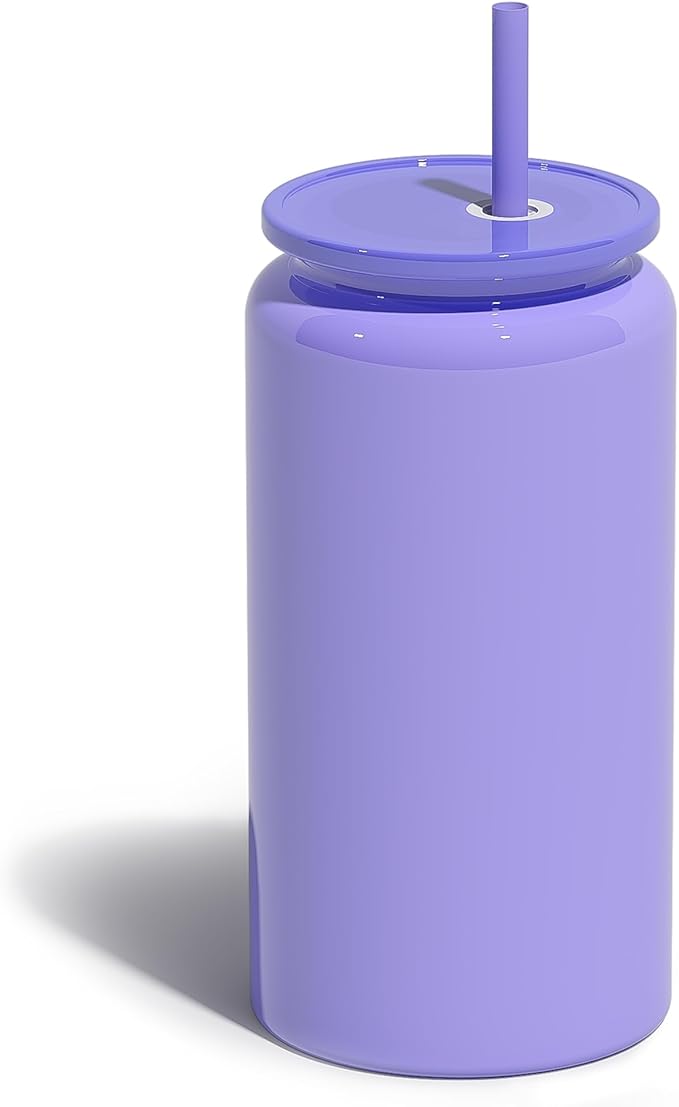 Glass Cups with Lids and Straws, 16oz Stainless Steels Cups, Beer Cups, Iced Coffee Cup, Smoothie Cup, Sublimation Tumbler, Purple (Smooth Polished Finish, Sublimatable)