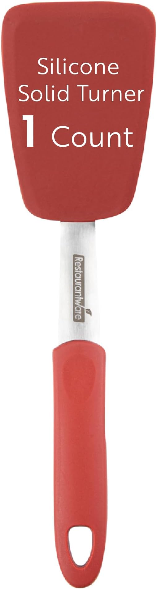 Restaurantware Comfy Grip 13.3 x 4 Inch Silicone Turner 1 Durable Cooking Turner - Stainless Steel Body Rubber Handle With Hole Red Silicone Flipper Spatula Tolerates Up To 446F Dishwashable