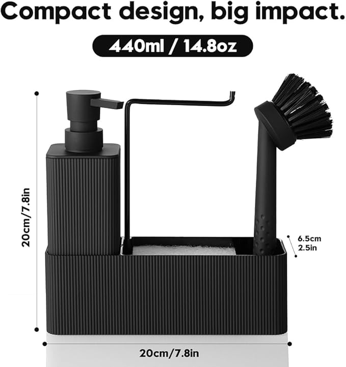 YAUKPH 4 in 1 Kitchen Soap Dispenser Set - Soap Dispenser Brush Sponge Holder Towel Rack (Striped Black)