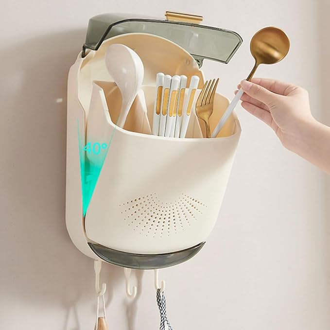Wall Mounted Cutlery Holder - Kitchen Utensil Storage Box with Lid - Chopstick Container - Dustproof Spoon and Chopstick Organizer - Drain Racks