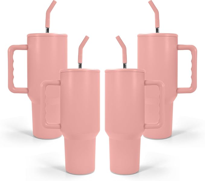 AGH 40 oz Sublimation Tumbler with Handle 4-Pack Stainless Steel Insulated Tumblers Blanks Water Bottle Travel Cups Matte Pink