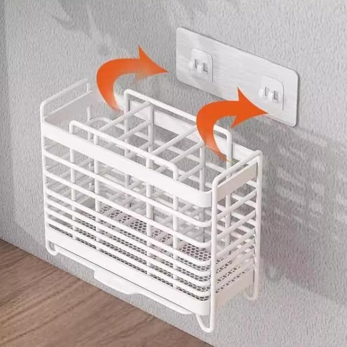 Utensil Holder Metal Hollow Out Kitchen Utensil Holder with 3 Compartments, Wall Mount/Countertop Utensil Drying Racks, White Utensil Caddy with Drain Tray and Hooks Cutlery Holder