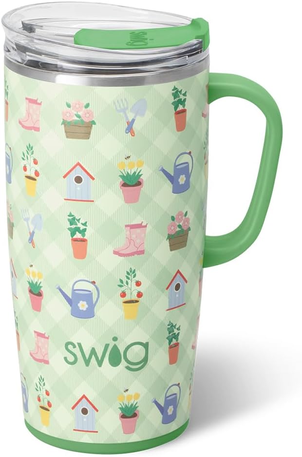 Swig Life 22oz Travel Mug, Insulated Tumbler with Handle and Lid, Travel Coffee Mug, Cup Holder Friendly, Stainless Steel 22 oz Tumbler, Reusable Insulated with Lid (Green Thumb)