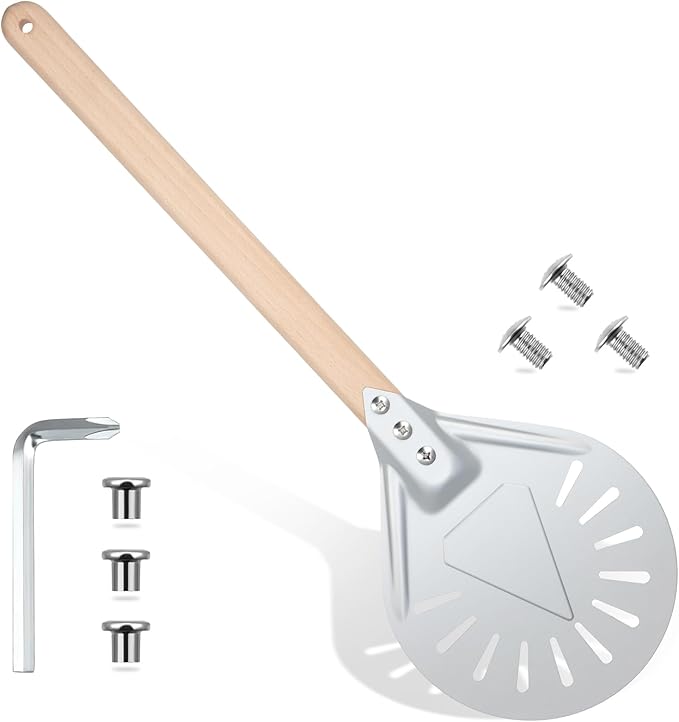 Pizza Turning Peel Perforated Pizza Turner Round Metal Aluminum Turning Peel Paddle with 16 Inch Anti-scalding Non-slip Durable Wooden Handle for Homemade Bread Bakers Oven Accessories(10 Inch)