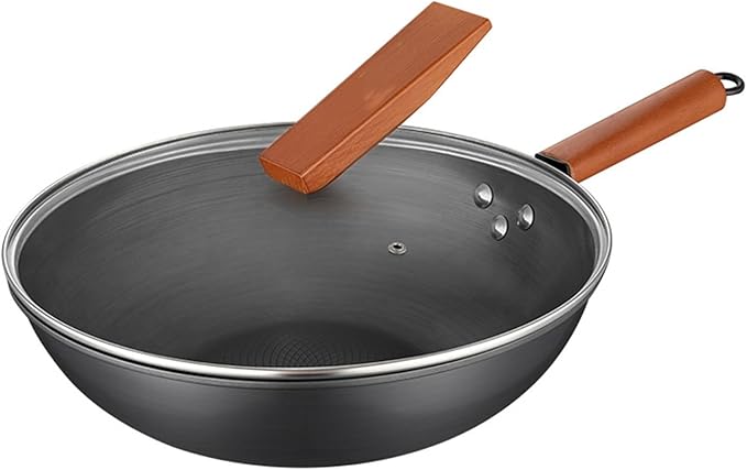 Wok Pan with Lid, 12.6in Woks & Stir Fry Pans No Chemical Coated Flat Bottom Chinese Wok for Induction, Electric, Gas, All Stoves