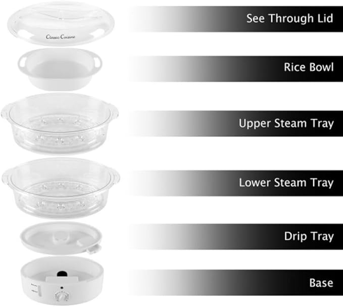 Classic Cuisine Food Steamer and Rice Cooker in one, Two-Tier Food Steamer for Healthy Meals anytime, cooks Vegetables, Fish, Dumplings, Eggs and more, 6.3 QT, Clear