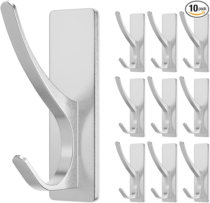 pickpiff Silver Self Adhesive Coat Hooks for Hanging: 13LB Extra Strong Stainless Wall Hook for Towel, Utensil, Backpack, Hat, Sturdy Metal Hanger for Bathroom, Kitchen, Door, 10-Pack