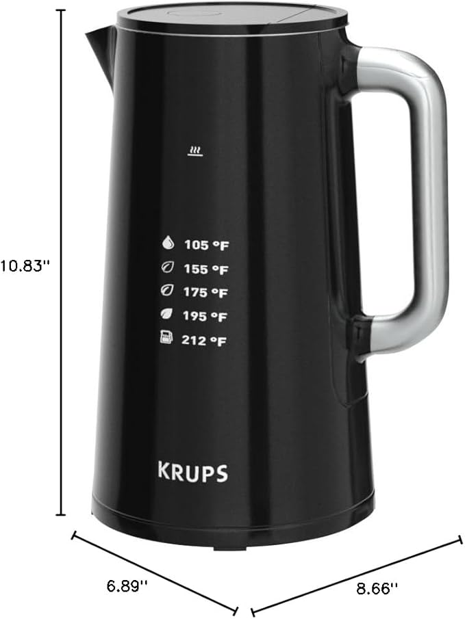 KRUPS Smart Temp Electric Kettle: 1.7L Capacity, 5 Precise Temperature Settings, Digital Display, Cool-Touch Exterior, Cordless Design for Tea and Coffee Lovers