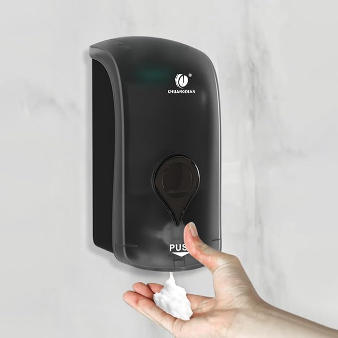 Foaming Hand Soap Dispenser, 35oz (1000ml) Manual Refillable Wall Mount Soap Dispenser, Durable ABS Plastic, for Commercial/Home/Bathroom/Kitchen, Semi-Transparent Black, CHUANGDIAN