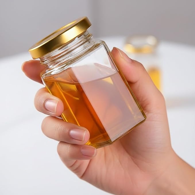 Adabocute 4oz Hexagonal Honey Jars - Glass Honey Jars with Gold Lids, Wooden Dippers, Bee Charms and Jutes - Hexagon Jars for Baby Shower, Wedding and Party Favors, 12 Pack
