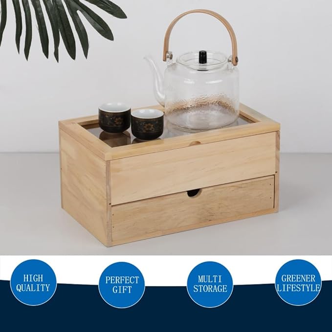 Tea Bag organizer Storage Box with Drawer Tea Organizers with Clear Acrylic Window Wooden Tea Box for Countertop with 8 Compartments Teabag Holder with 4 Cotton Woven Coasters（WWood02）