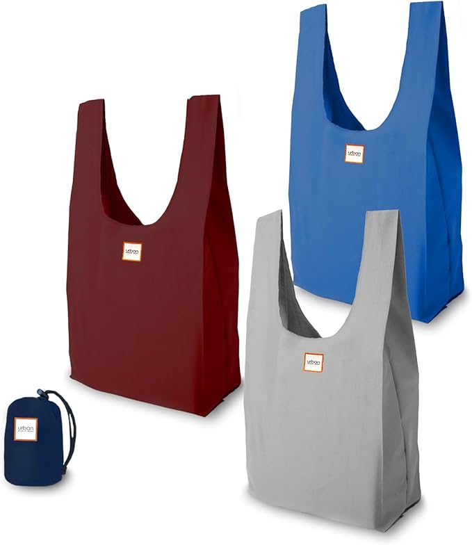 Urban Market Bags - Ocean - 3 Foldable Reusable Shopping Bags in 1 Compact Pouch, Luxury Quality, Durable Fabric, Holds 50+ lbs, Machine Washable, Pouch Fits in Cupholder, Designed in California