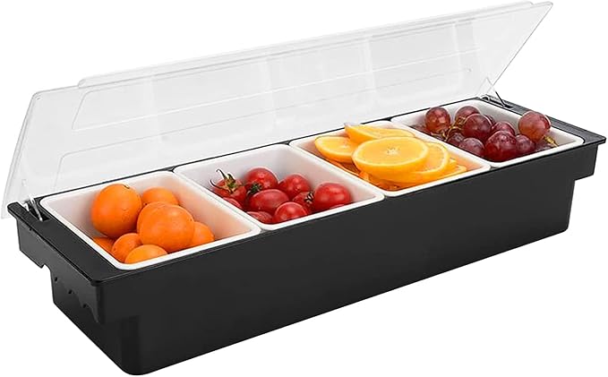 Fruit, Veggie & Condiment Caddy with Lid Dispenser Tray Garnish Station for Bartending & Serving Taco (1, 4 Compartment)