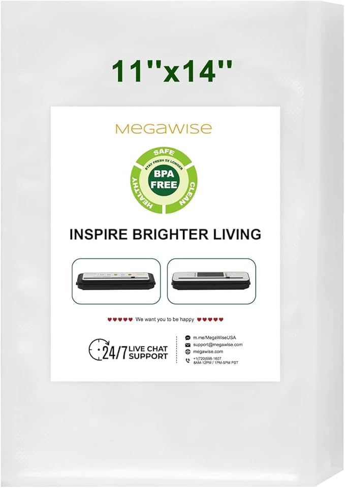 MEGAWISE 11"x14" Vacuum Sealer Bags, 25 Count Pre-Cut Food Storage Bags, BPA-Free, Heavy-Duty Textured Design for Strong Seal, Compatible with All Vacuum Sealers, Ideal for Meal Prep & Sous Vide
