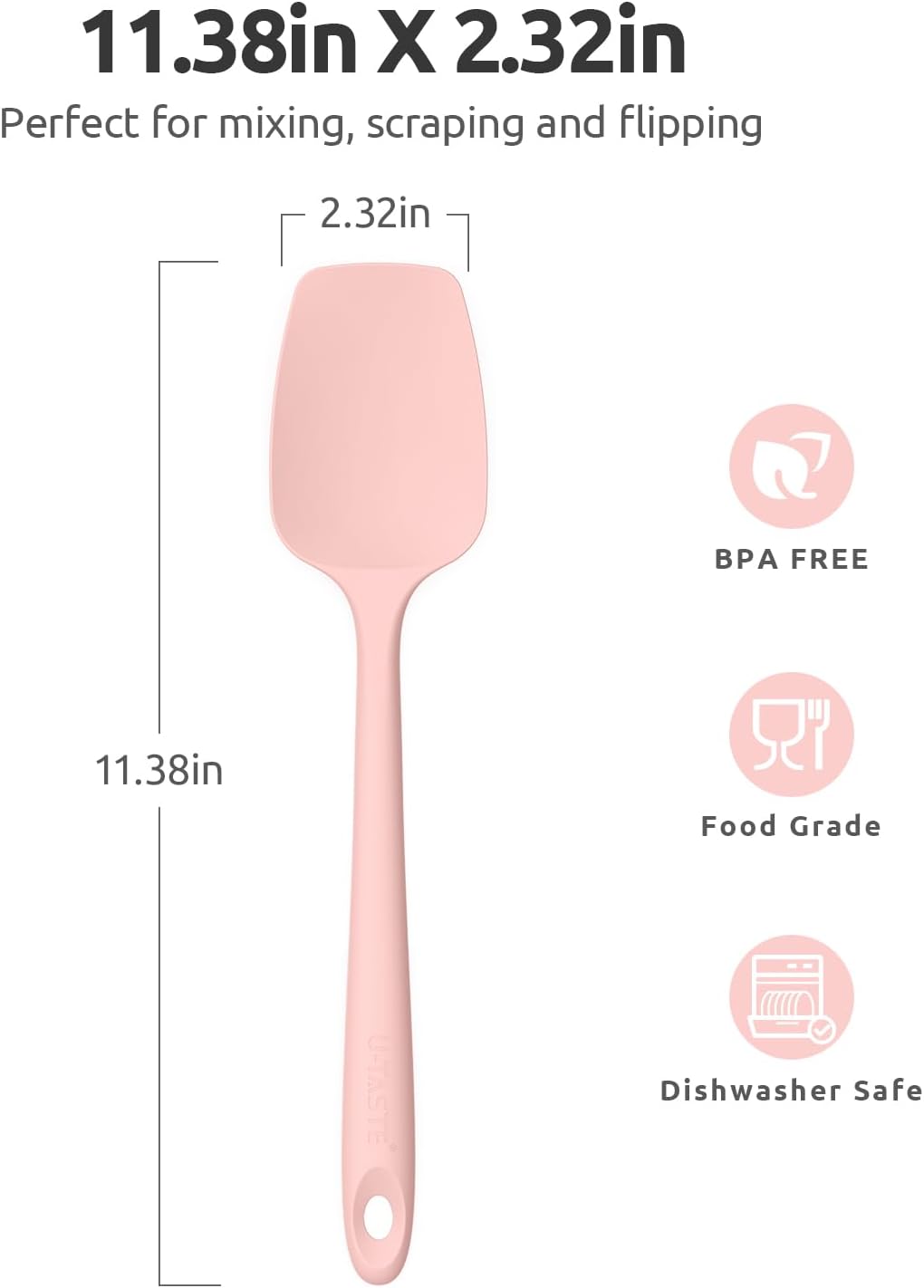 Heat Resistant Silicone Spoon Spatula: U-Taste 600ºF High Heat Flexible 11.38in Silicon Mixing Stirring Cooking Scraping Baking Bowl Scraper, Seamless for Kitchen Nonstick Cookware (‌Pink‌)