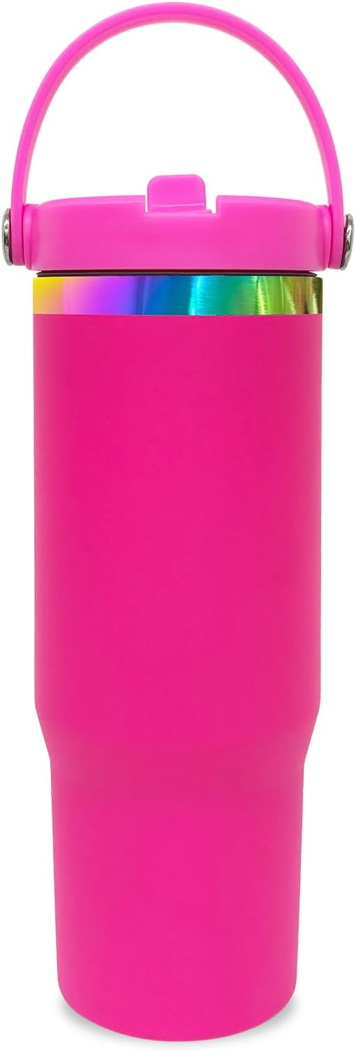 30 oz Tumbler with Handle and Straw, Vacuum Insulated Tumblers with Flip Straw and Top Handle, Leakproof Powder Coated Tumbler, Stainless Steel Travel Mug for Coffee Water (Rosy)