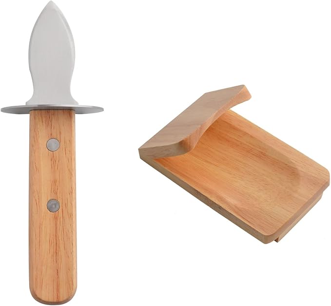 Oyster Knife Shucker Set Oyster Shucking Knife with Wooden holder Oyster Shucking Clamp Seafood Tools (Brown)
