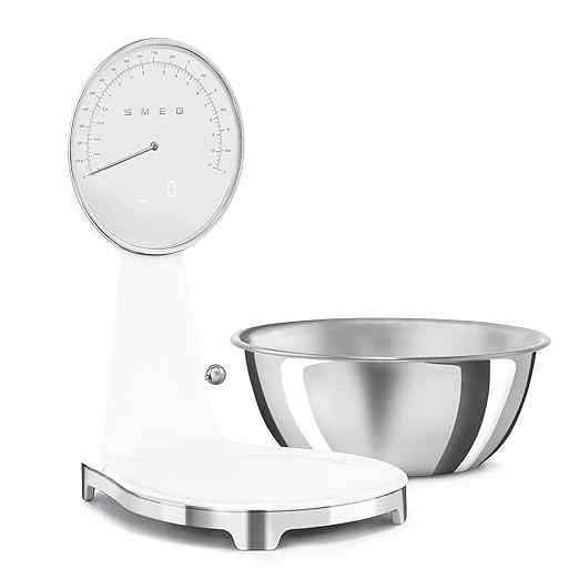 SMEG Retro-Style Analog & Digital Kitchen Scale, 11 lb Capacity, Rechargeable Battery, Backlit LCD Display, Stainless Steel Bowl (White)