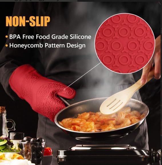 BPA-Free Soft Silicone Oven Mitts - Ultra Heat Resistant Oven Mitts with Thick Cotton Liner - Extra Long Slip Resistant Pot Holders, Flexible Oven Gloves