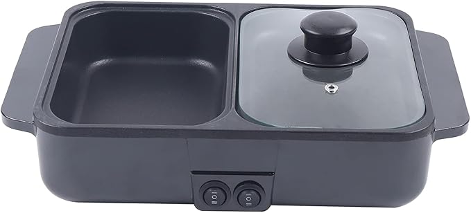 CNCEST 2 in 1 Portable Electric Hot Pot Barbecue Grill Non-Stick Teppanyaki Pan 110V Indoor Hotpot Grill Korean BBQ Combo (Black)