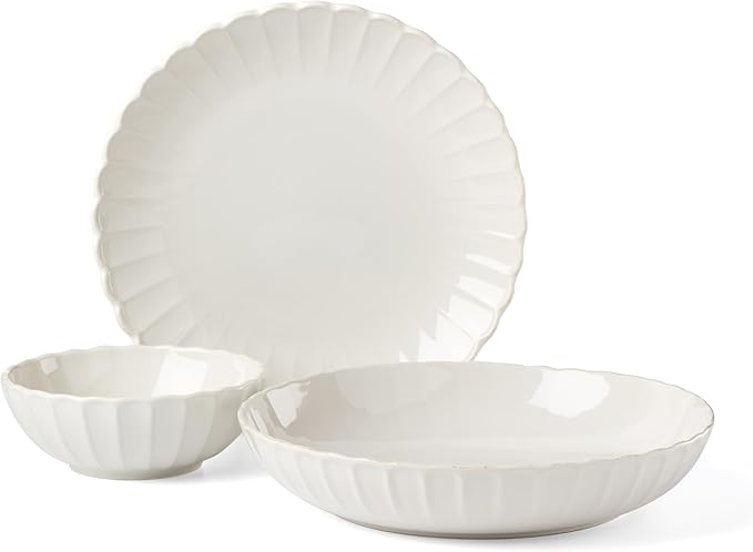 Lenox Dinnerware Set, French Perle Scallop White 12-Piece Set, Service For 4, Stoneware, Dishwasher Safe, Microwave Safe, Plates and Bowls sets, Dish Set, Plate Set, Home And Kitchen (White, 12 Piece)