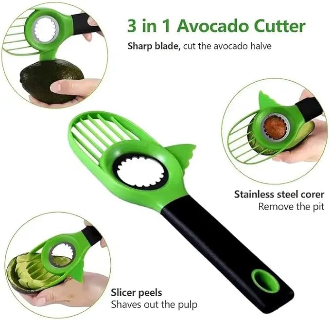 Avocado Slicer 3-in-1 Tool – Stainless Steel Cutter, Pitter, Corer with Non-Slip Grip Handle – Multifunctional Avocado Seed Remover Cutter for Fruit & Kitchen Use (Green Black)