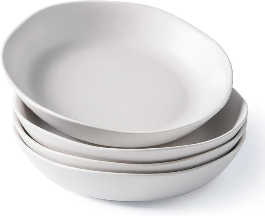 AmorArc 9.75'' Ceramic Large Pasta Bowls, 38oz Stoneware Flat Serving Bowls Set of 4, Oven,Microwave&Dishwasher Safe Bowls with Wavy Rim for Fruit Pasta Salad Meal, Matte White