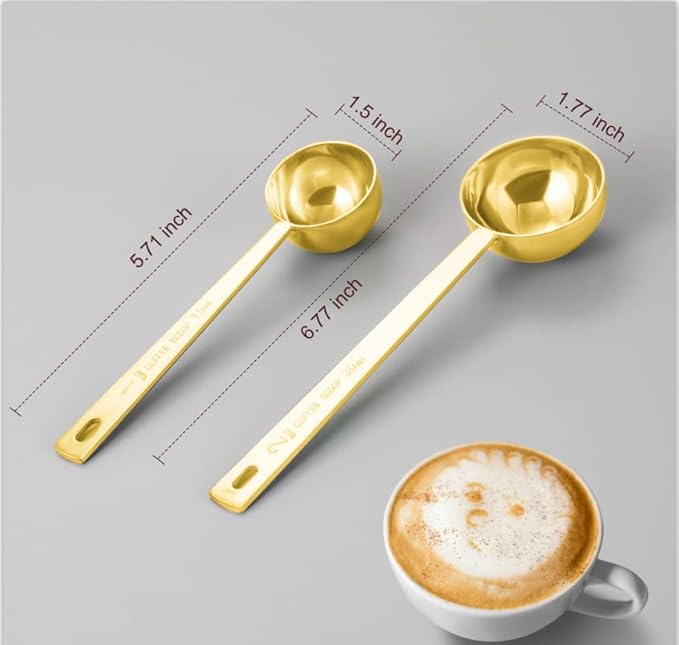 Safring Premium Coffee Scoop Set, Set of 2, Metal Stainless Steel Long Handle Coffee Scoop, Measuring Coffee Spoons Contains 1 Tablespoon (15 ml) and 2 Tablespoons (30 ml) Spoon-Gold