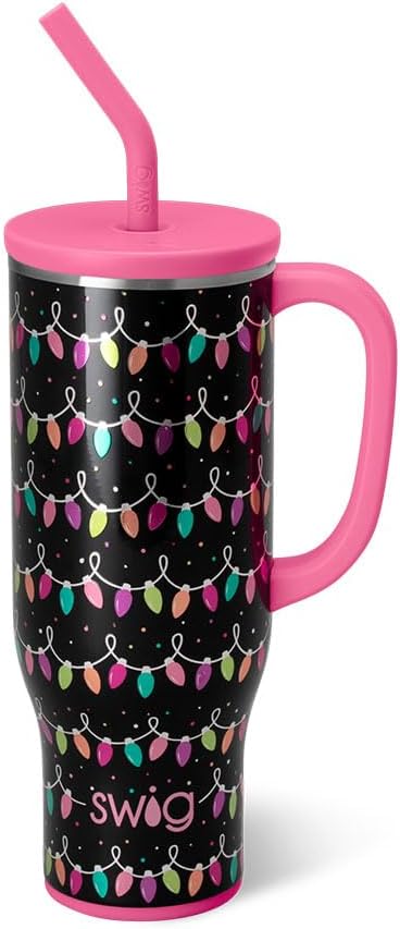 Swig Life 30oz Mega Mug, 30oz Tumbler with Handle and Straw, Large Insulated Tumblers, Cup Holder Friendly Travel Mug, Stainless Steel 30 oz Tumbler, Reusable Insulated Water Bottle (Tacky Lights)