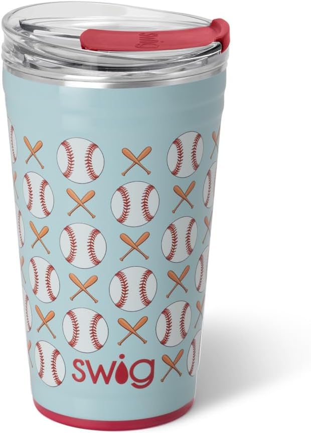 Swig Life 24oz Party Cup, Stackable Insulated Travel Coffee Tumbler with EZ Slider Lid, Cup Holder Friendly, Stainless Steel 24 oz Tumbler, Reusable Coffee Mug (Home Run)