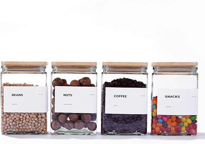 APT 1101 Glass Storage Jars with Bamboo Lid, glass canisters with airtight lids, Clear jars with lids for Spice, Cookie, Candy, Tea, Coffee Bean and Rice (White, Pantry Jar Set (26 oz, set of 6))