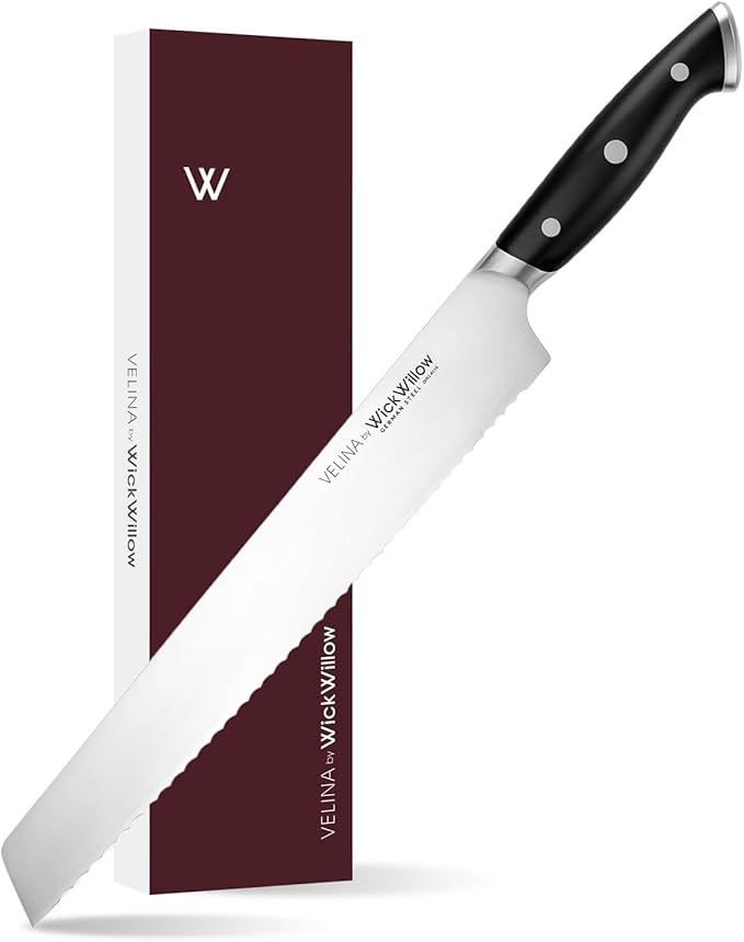 WICKWILLOW 10" Bread Knife – Razor Sharp German Steel – Serrated Knife for Homemade Bread & Sourdough – Full Tang & Ergonomic Handle – Gift Box – Velina Series