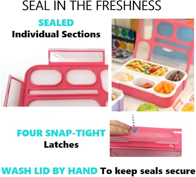 kinsho Bento-Box Lunch-Box Containers for Kids Girls Toddler Women, 6 Compartment Portion Container Kit, Meal Or Snack Boxes for School Daycare Travel, Bpa-Free Pink