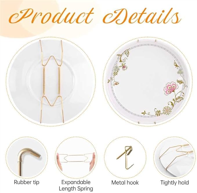 Bilillo 12 Pieces Invisible Heavy Duty Plate Holders, Stainless Steel Plate Hangers for The Wall, Plate Hangers for Display with Wall Hooks, Suitable for 6-8 inch Decorative Plates and Arts (Gold)
