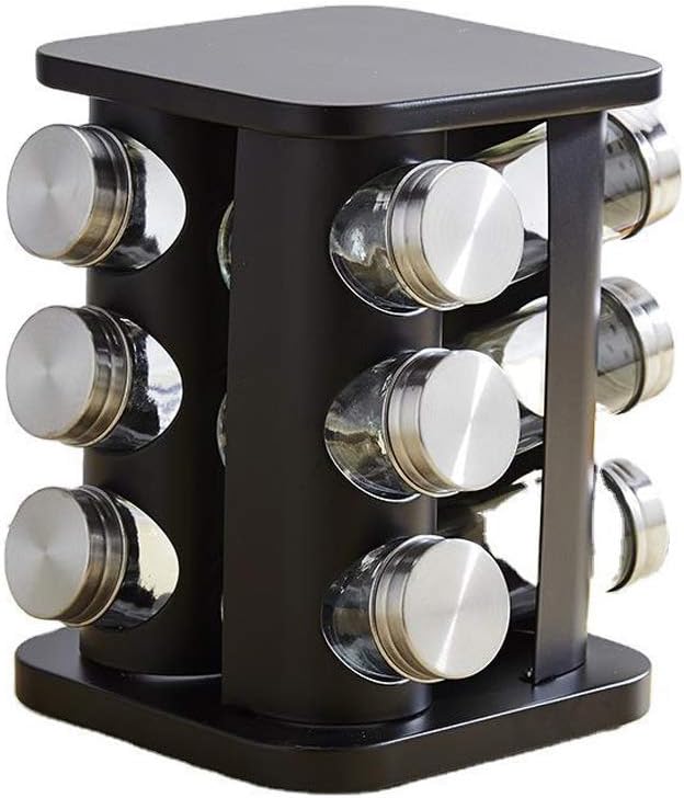 Revolving Spice Rack Organizer with 12 Jars, Countertop Spice Seasoning Rack Tower with 12 Glass Jar Bottles Refillable for Kitchen Cabinet, Stainless Steel, Black