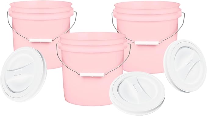 House Naturals 2 Gallon Pink Food Grade BPA Free Made in USA Bucket with Screw On White Lid - Pack of 3