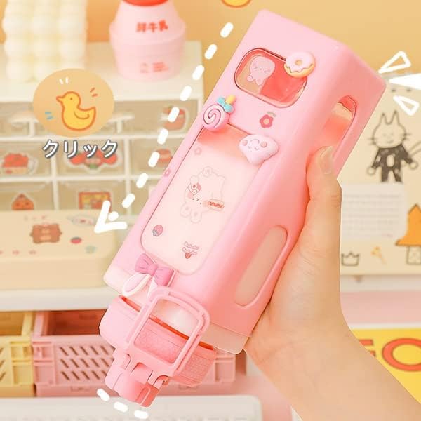 Kawaii Bear Pastel Water Bottle With 3D Sticker 700ml Plastic Travel Tea Juice Milk Portable Cute Shaker Drink Bottle Gift (Pink)