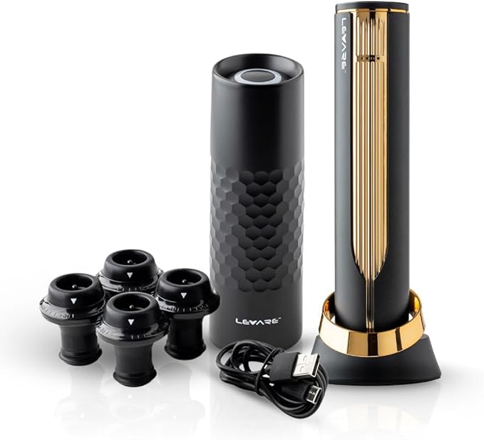 Levare – Electric Wine Set, Rechargeable Wine Saver Vacuum Pump with Stoppers and Automatic Bottle Opener with Foil Cutter, USB Charging Base, Ideal Gift for Holidays, Kitchen, Home, Wine Enthusiasts.