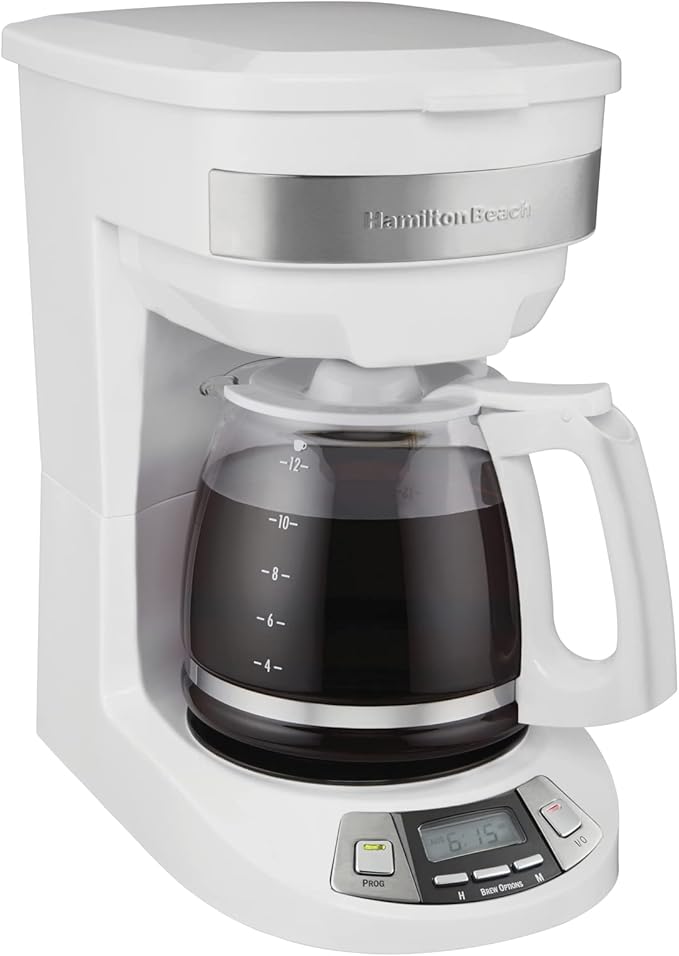 Hamilton Beach 12 Cup Programmable Drip Coffee Maker Machine, Regular & Bold Brew Options, Auto Pause and Pour, Glass Carafe, White (46294J)