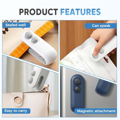 2-in-1 Mini Bag Sealer with Cutter & Magnet, Rechargeable Portable Resealer for Snack Bags, Heat Seal Food Storage, 2pcs White Handheld Sealing Machine