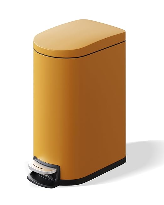 GarveeHome 2.6 Gallon Bathroom Trash Can, Space-Saving Slim Stainless Steel Step-On Garbage Bin with Soft Close Lid, Removable Inner Bucket for Bathroom & Bedroom,Yellow