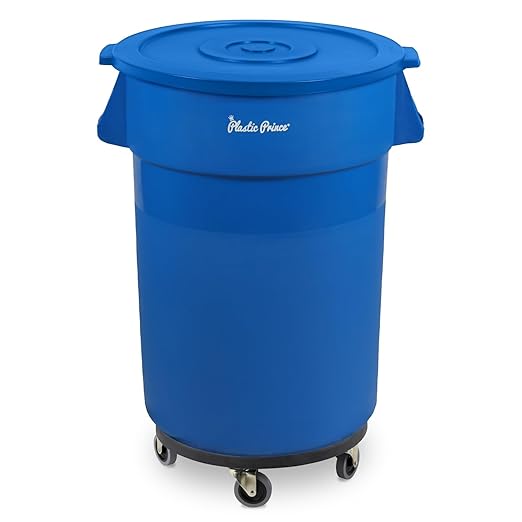 PLASTIC PRINCE 32 Gallon Round Trash Can with Lid and Dolly Blue Plastic Commercial Garbage Container for Home Garage Restaurants Warehouses - Bundle